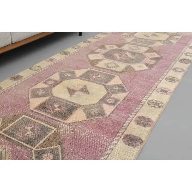 1970s Turkish Hand-Knotted Wool Cotton Pink Runner Rug 104x361