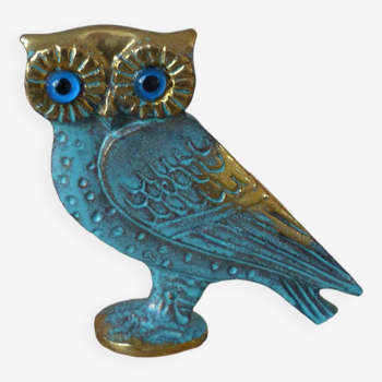 Figurine miniature hibou en laiton aux yeux bleus, petit hibou sculpture d'art grec vintage