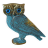 Miniature brass owl figurine with blue eyes, small owl vintage Greek art sculpture