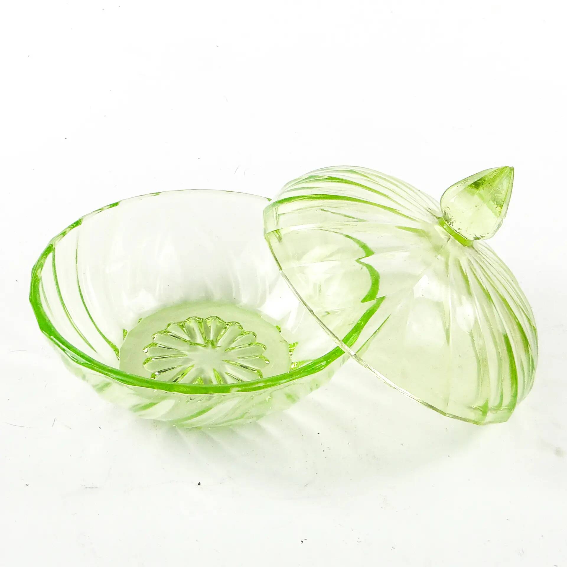 Art Deco bonbonniere with lid, pressed uranium glass, Poland, 1930s