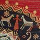 Vintage handwoven tapestry with a folk scene and archaic Slavic writing.