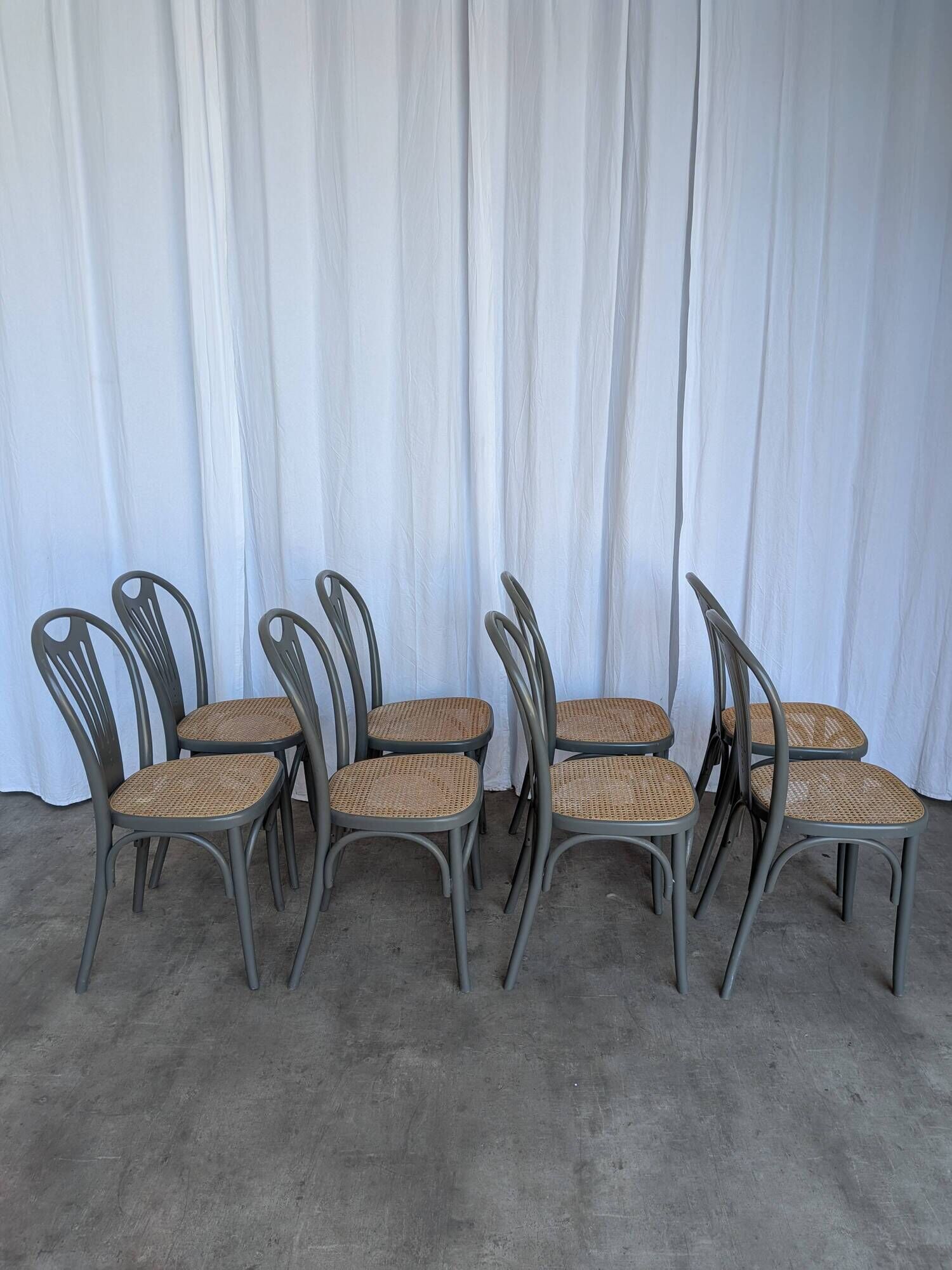 Set of 8 Vintage Gray Bentwood Dining Chair: Thonet Style Cane Seat