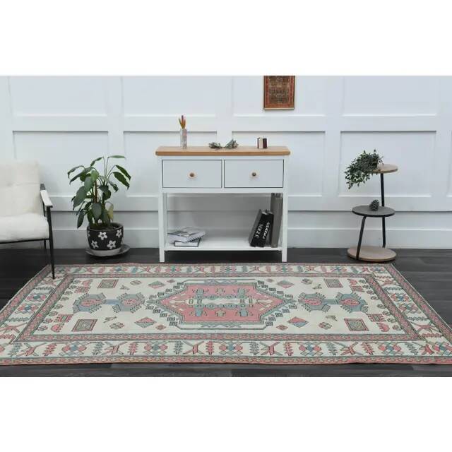 1970s Vintage Turkish Handmade Wool & Cotton Pink Area Rug 172x263