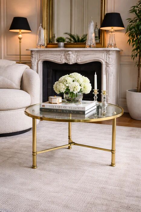 French brass and glass round cocktail table in the style of Maison Baguès