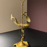 Antique brass oil lamp with fish decoration – marine object – cabinet