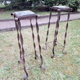 Pair of Brutalist patinated iron and veined marble columns, 1960s