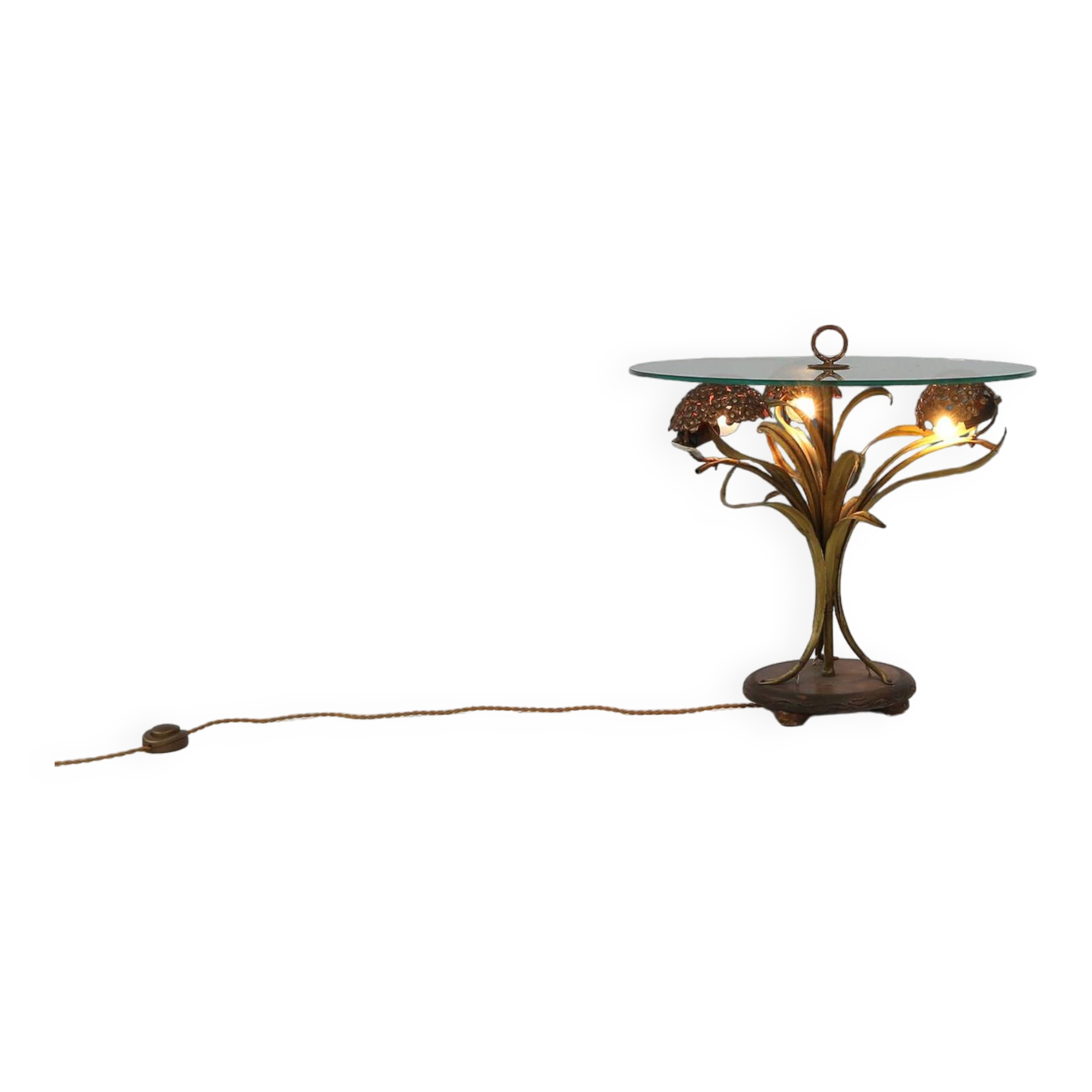 French Hollywood Regency style coffee table with lightning in brass flowers, 1950