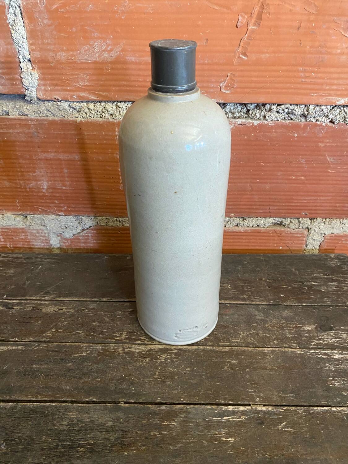 Vintage grey glazed stoneware bottle paul langeron with metal stopper