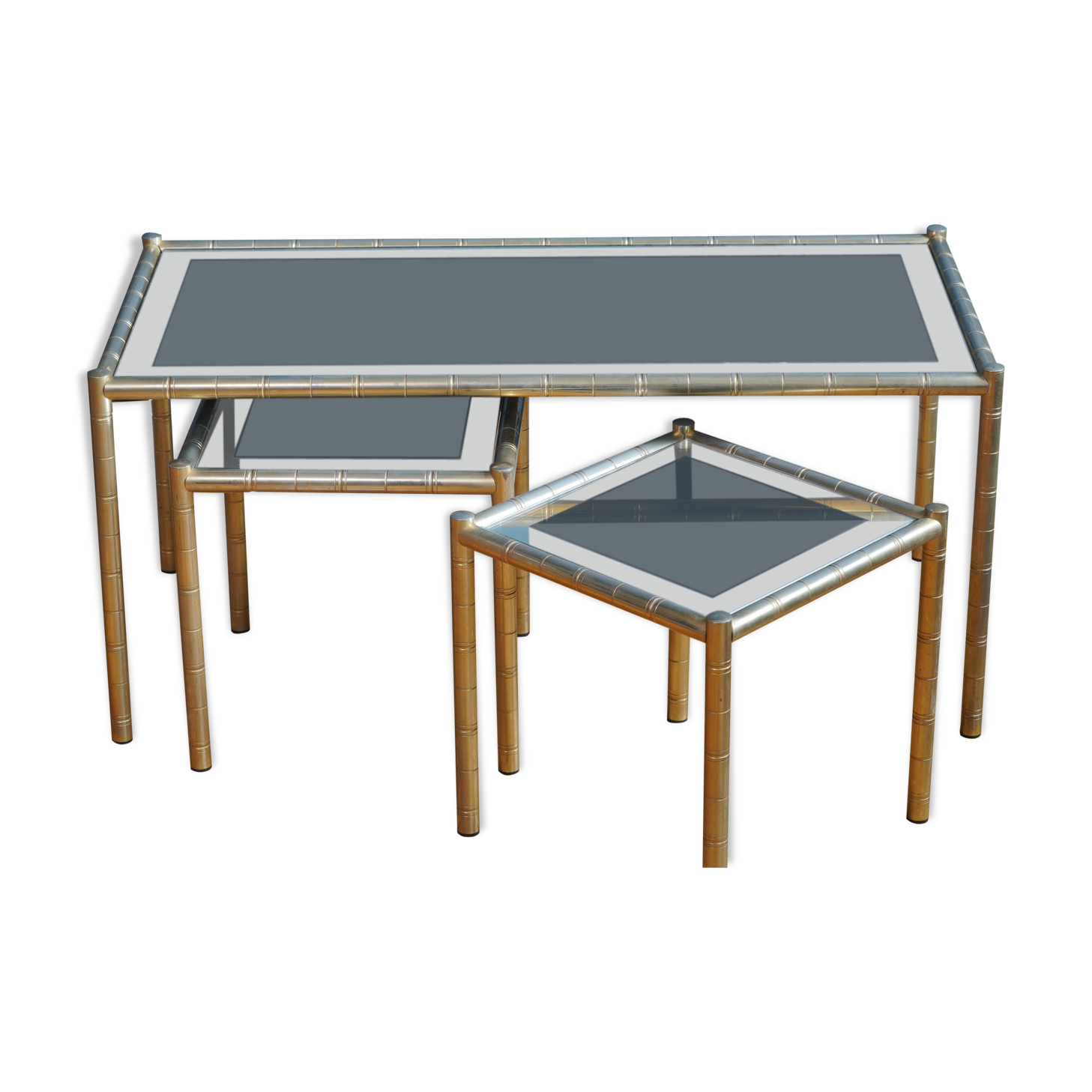 Tables gigognes en bamboo et laiton avec plateau en verre