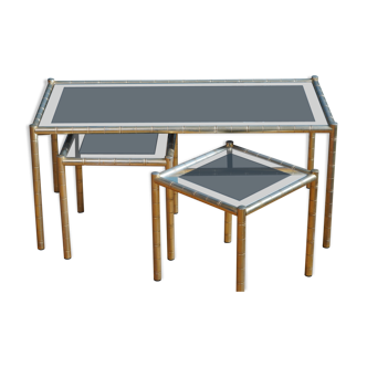 Tables gigognes en bamboo et laiton avec plateau en verre