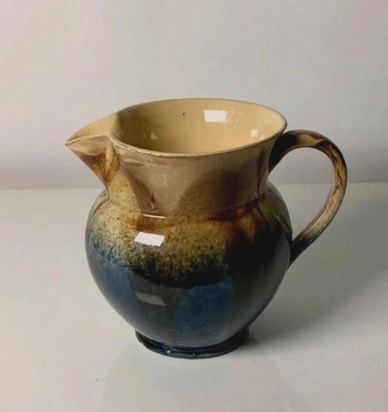 Vintage 1970s glazed ceramic pitcher - Handmade French water jug - Decorative vase in wabi-sabi style for the kitchen