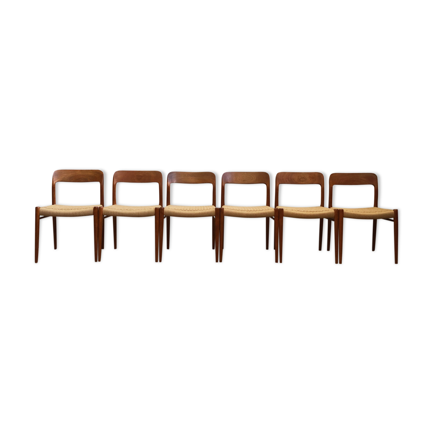 Set of 6 dining chairs, model 75 by Niels O. Møller in teak and paper cord