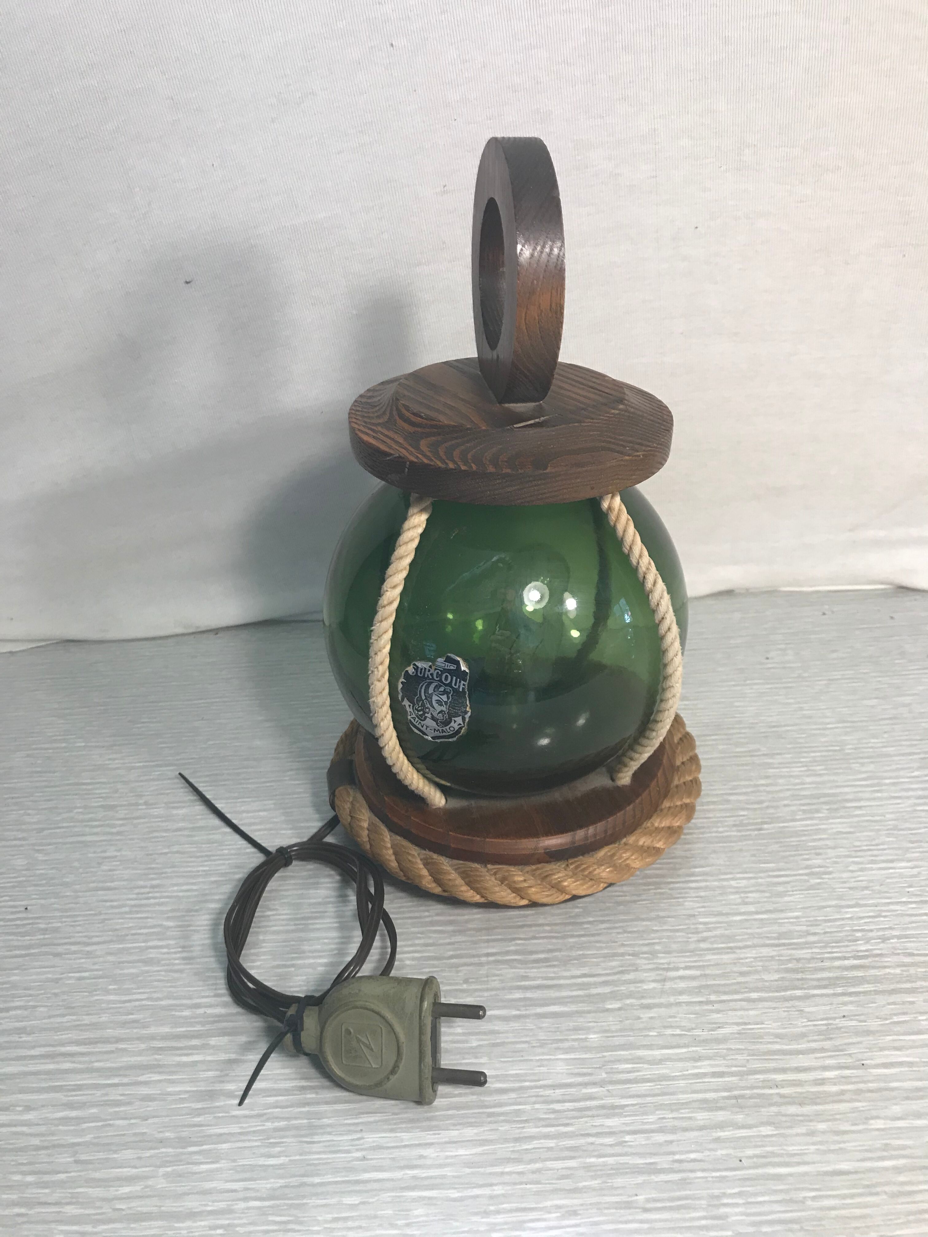 Vintage marine style lamp wood and string with green glass ball reflector