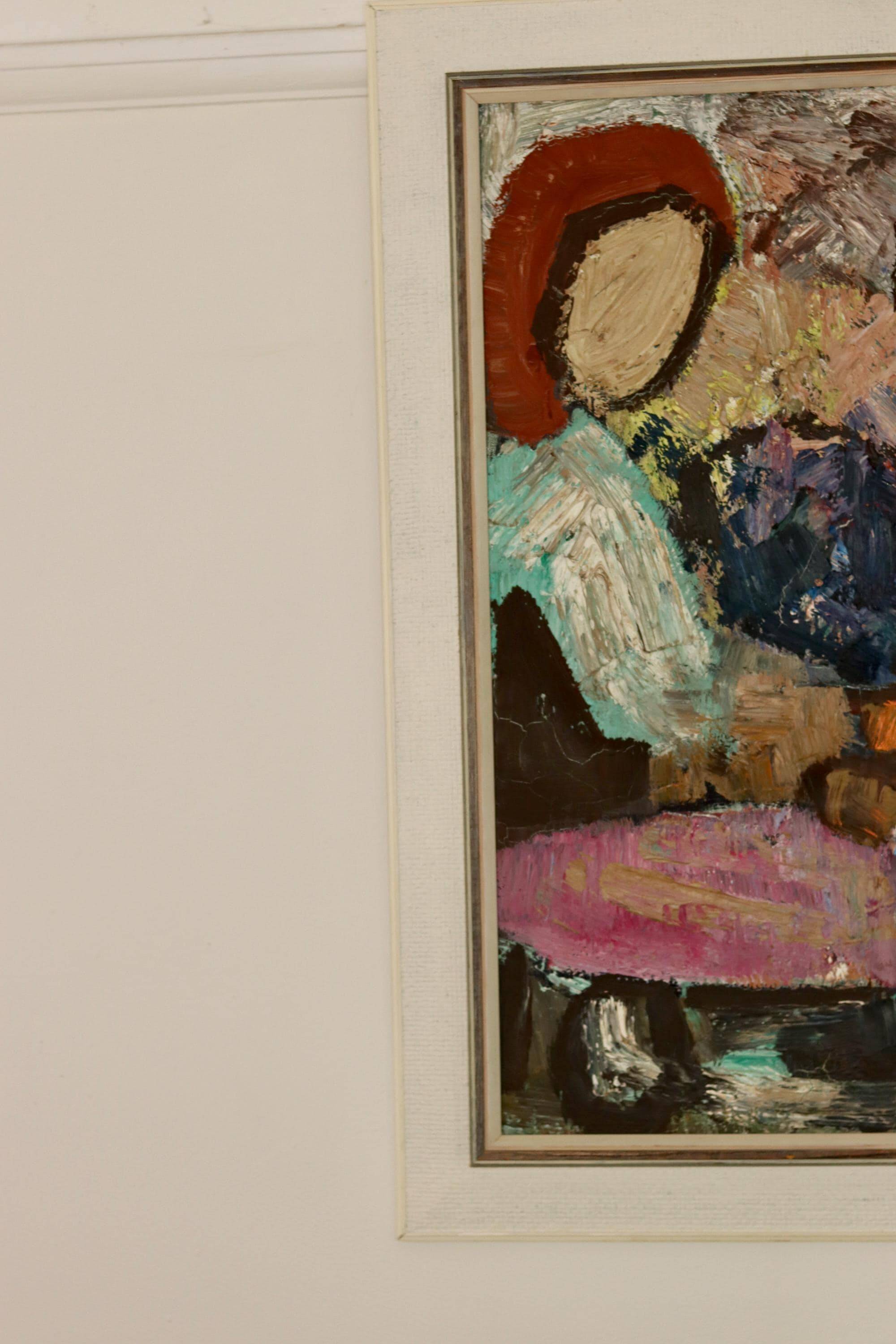 Grande peinture à l'huile moderniste suédoise « Mère et fille » par Gösta Falck vers 1960 - Vintage et encadrée