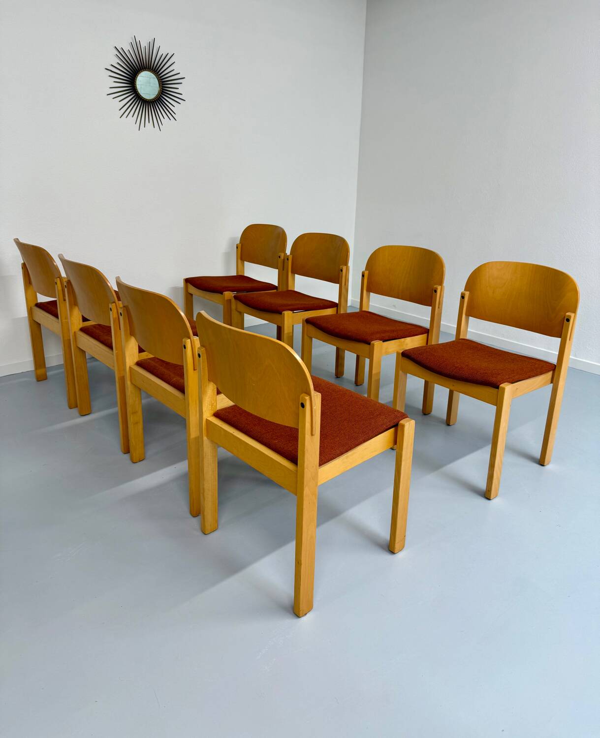 Lot of 8 old Scandinavian design wooden chairs from the 80s vintage