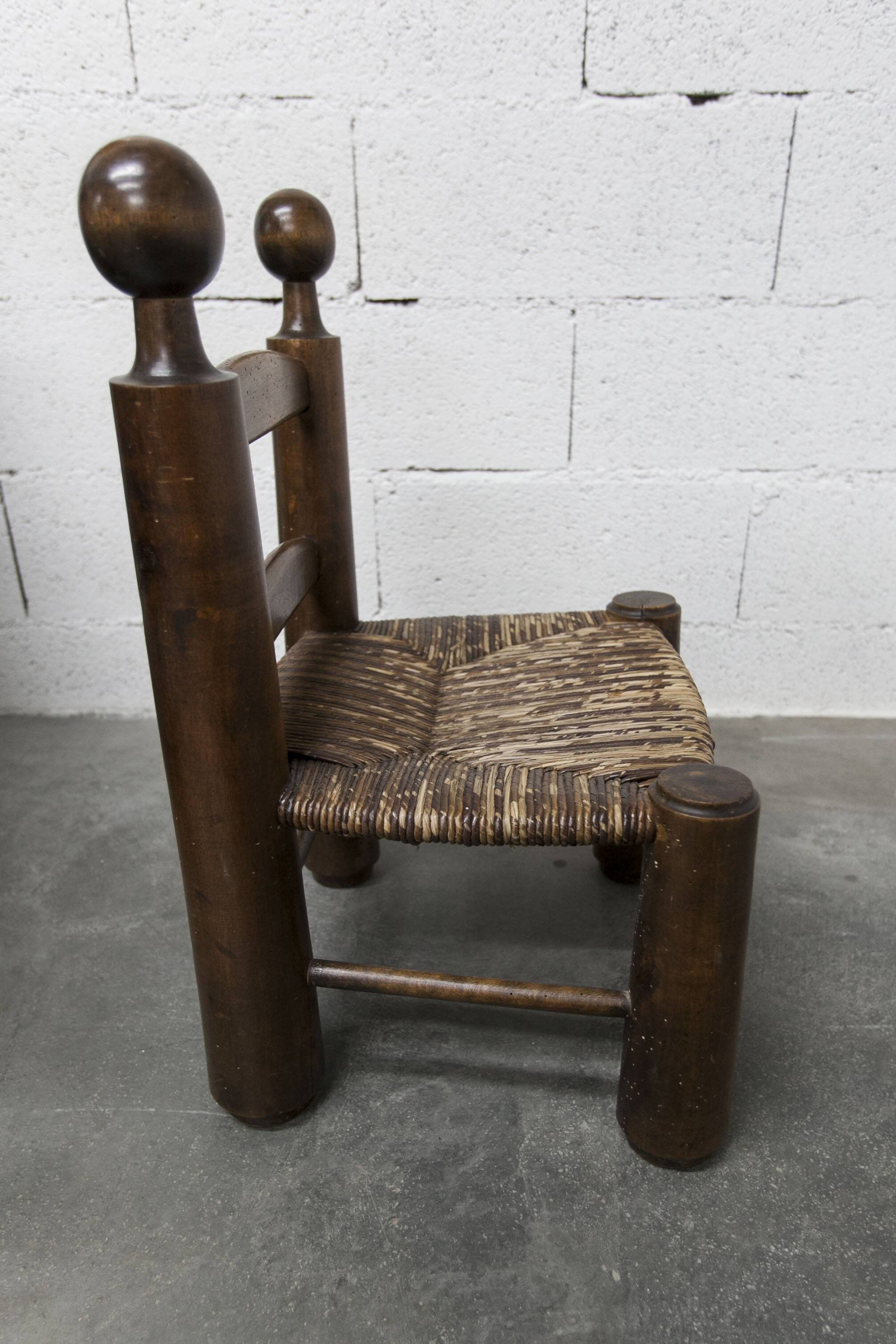 Brutalist children's chair by Charles Doudouyt 1960 oak and wicker
