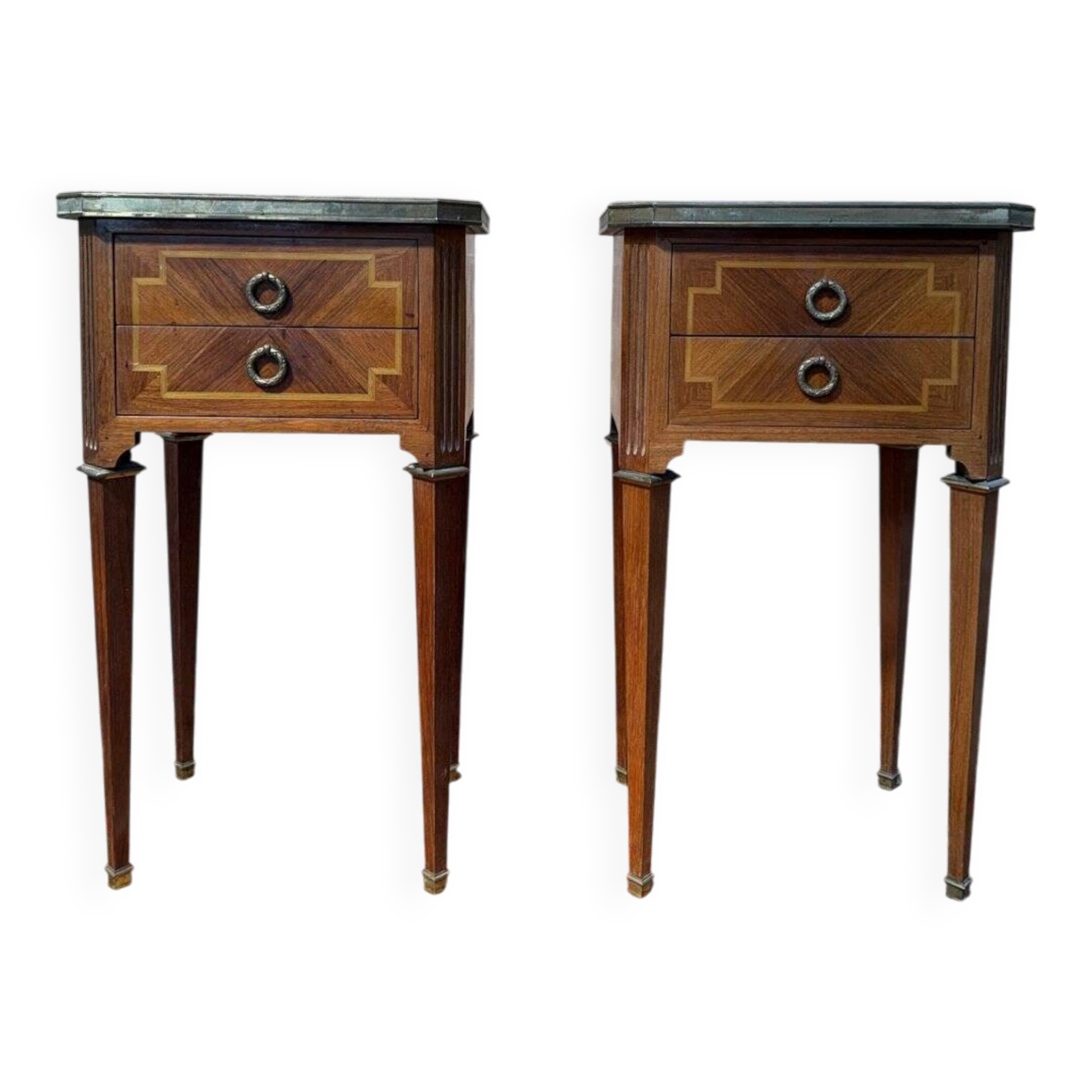 Paire de tables de chevet Style Louis XVI – Maison Gouffé – Marqueterie & Marbre