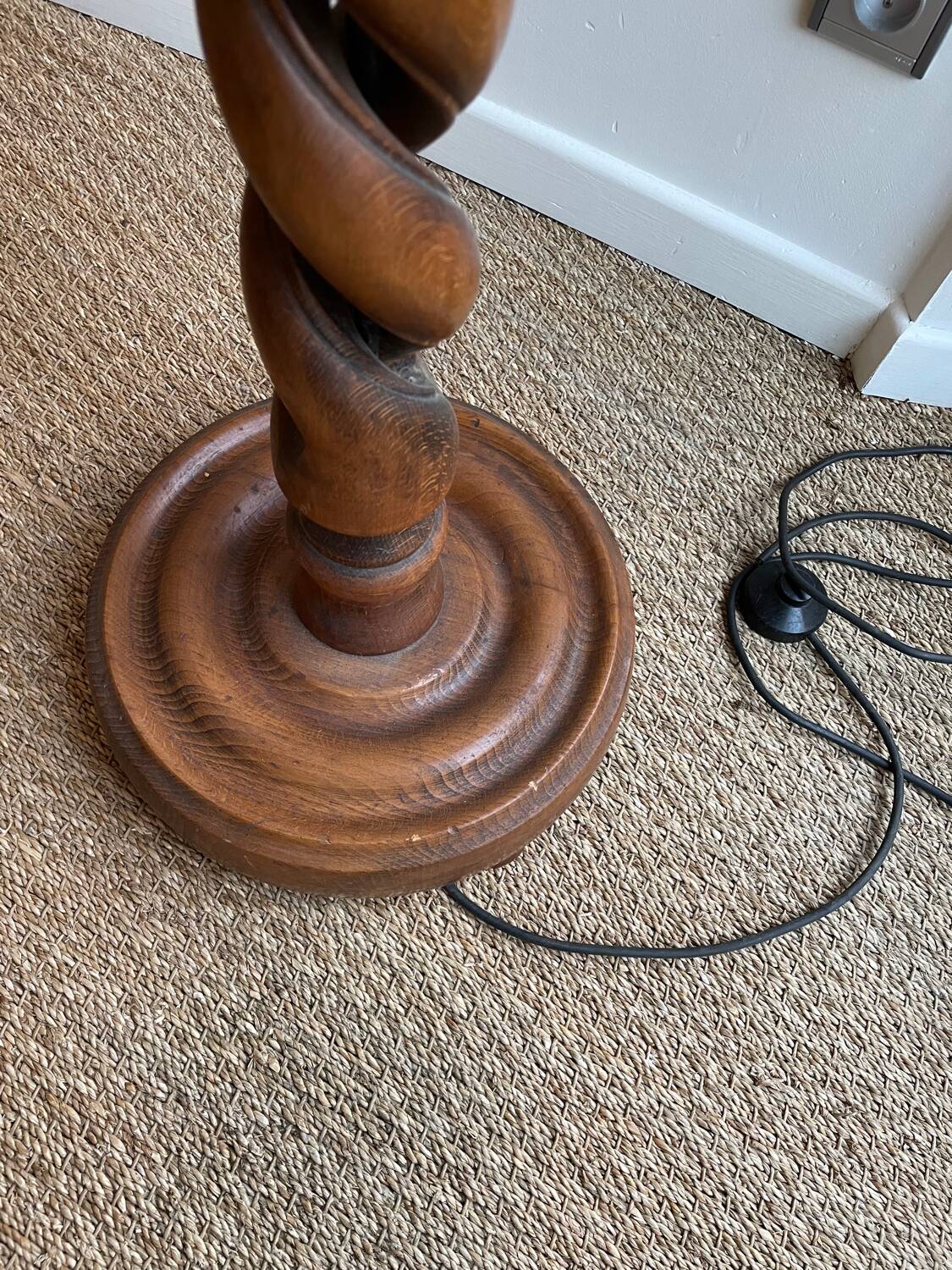 Turned wood floor lamp