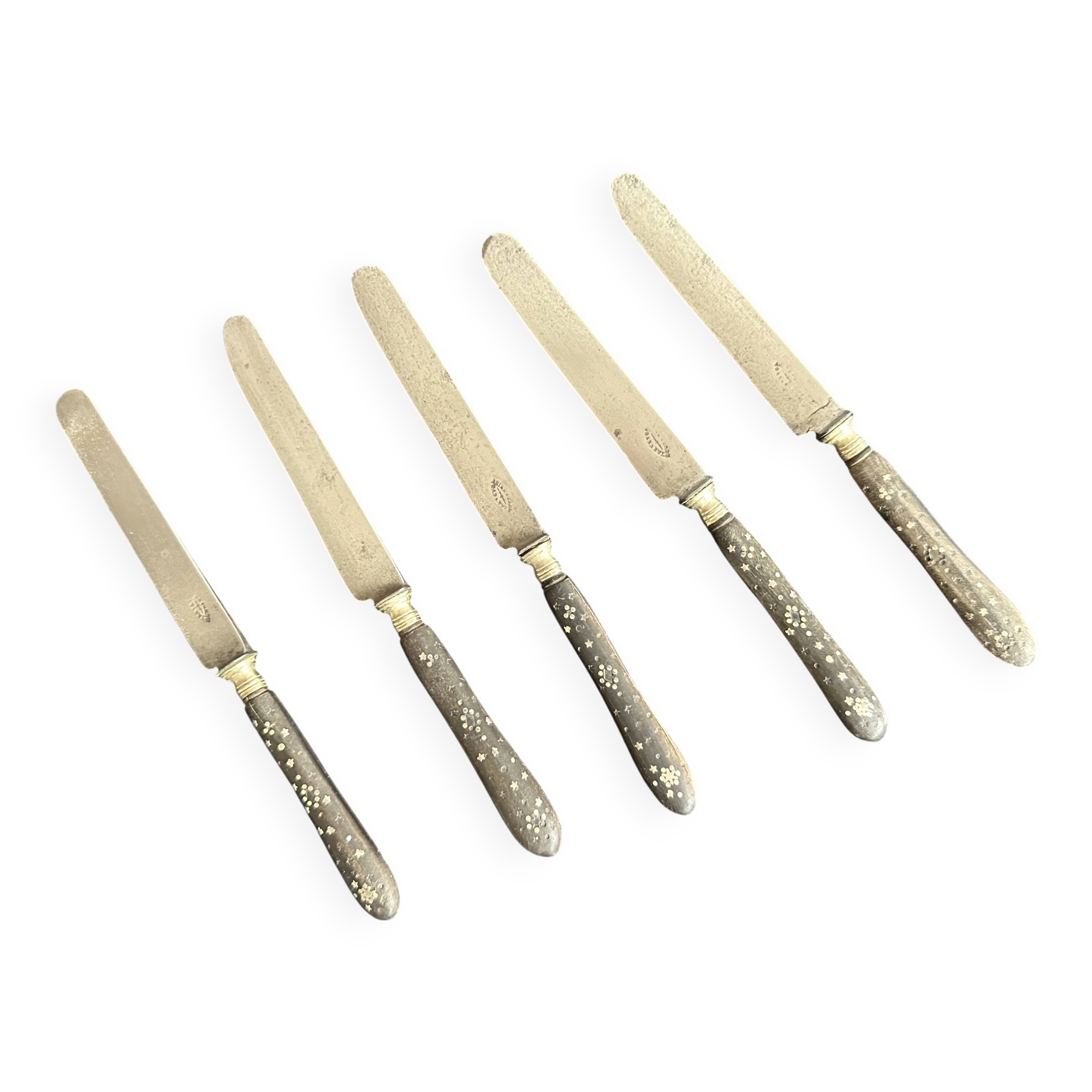 Set of 5 antique table knives in inlaid ebony, circa 1900.