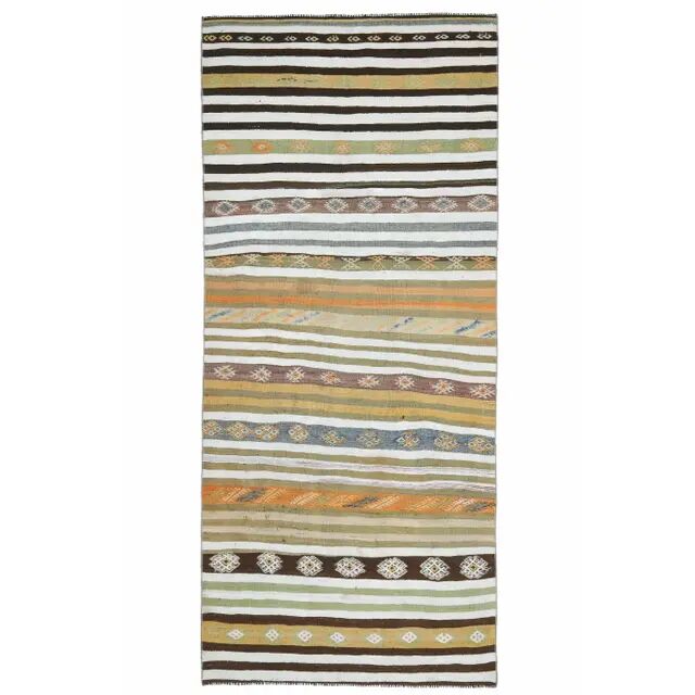 1970s Vintage Turkish Hand-Knotted Wool Cotton Green Runner Rug 139x323