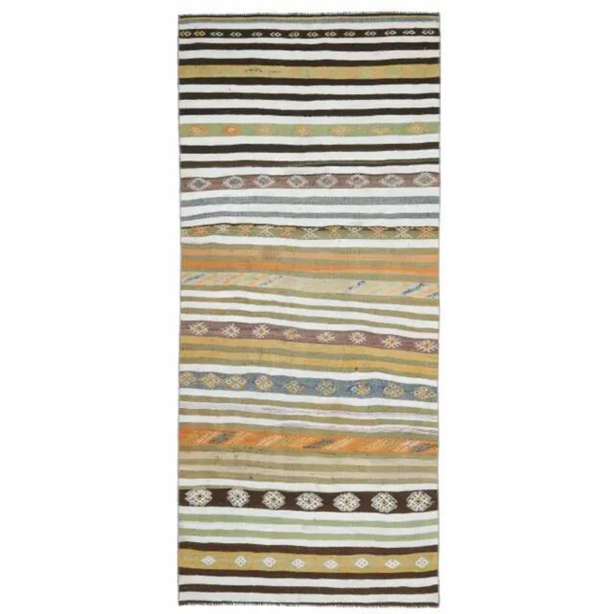 1970s Vintage Turkish Hand-Knotted Wool Cotton Green Runner Rug 139x323