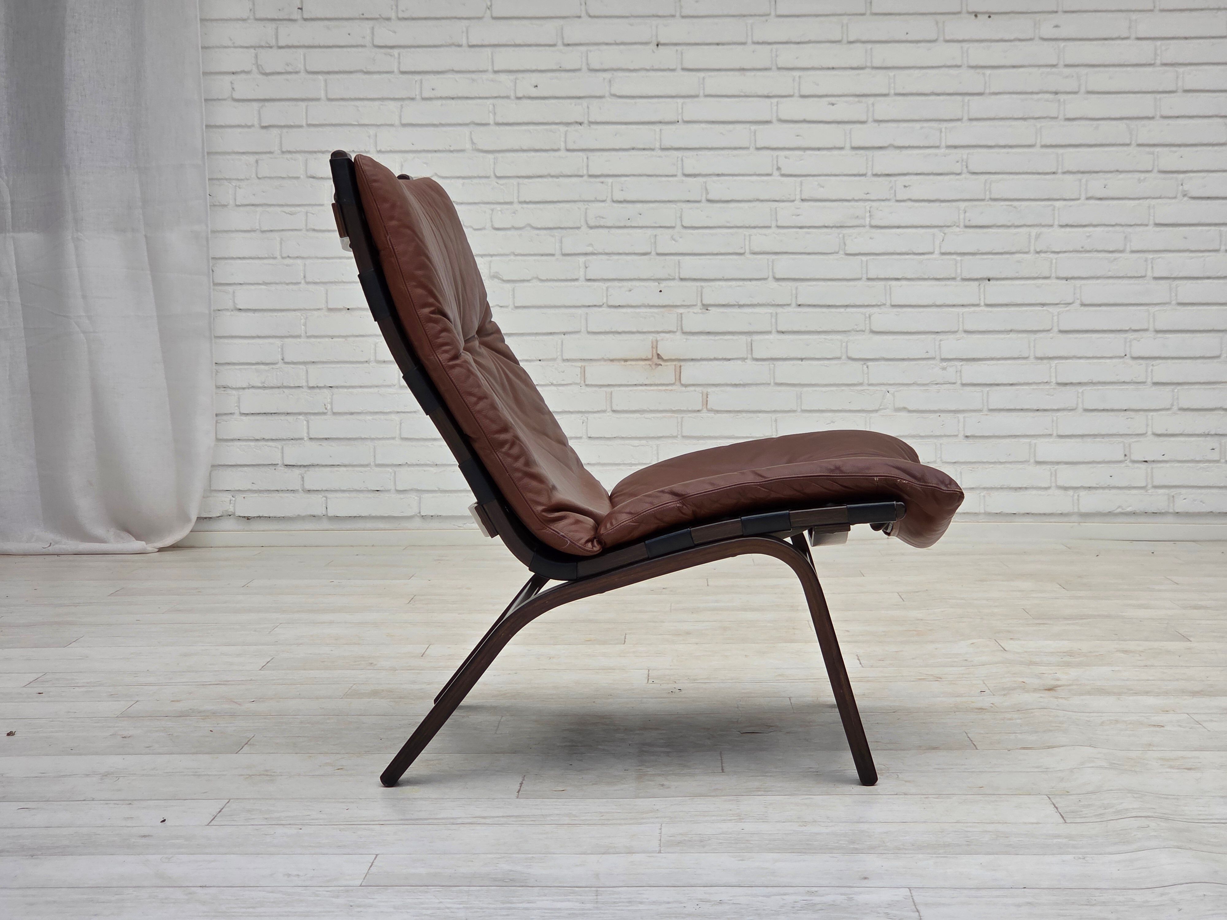 1970s, Danish loungechair by Farstrup, leather, canvas, bent wood.