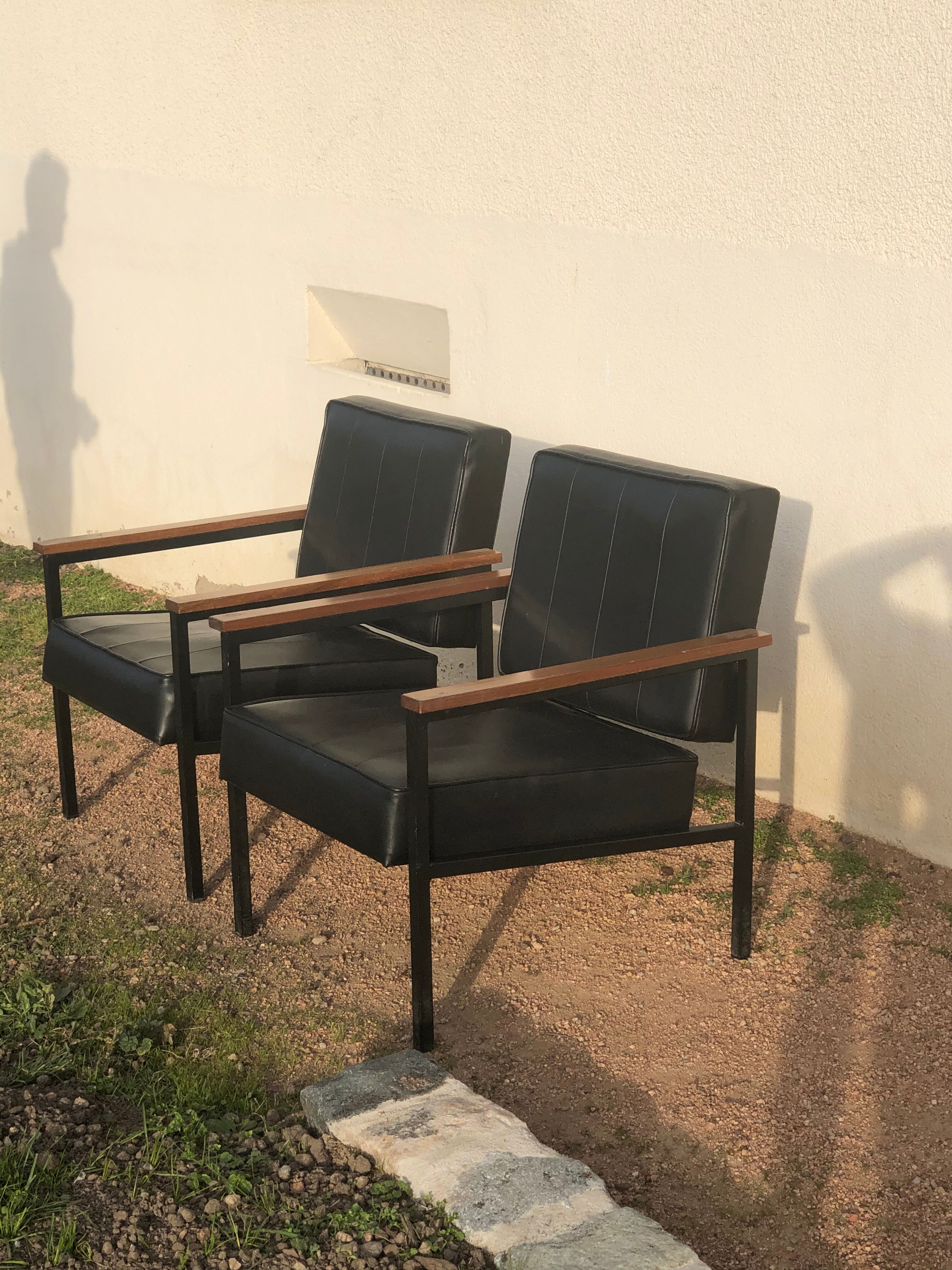 Pair of skaï and wood chairs 60s