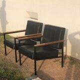 Pair of skaï and wood chairs 60s