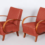 Pair of red czech artdeco beech armchairs by jindrich halabala, up zavody, 1930s