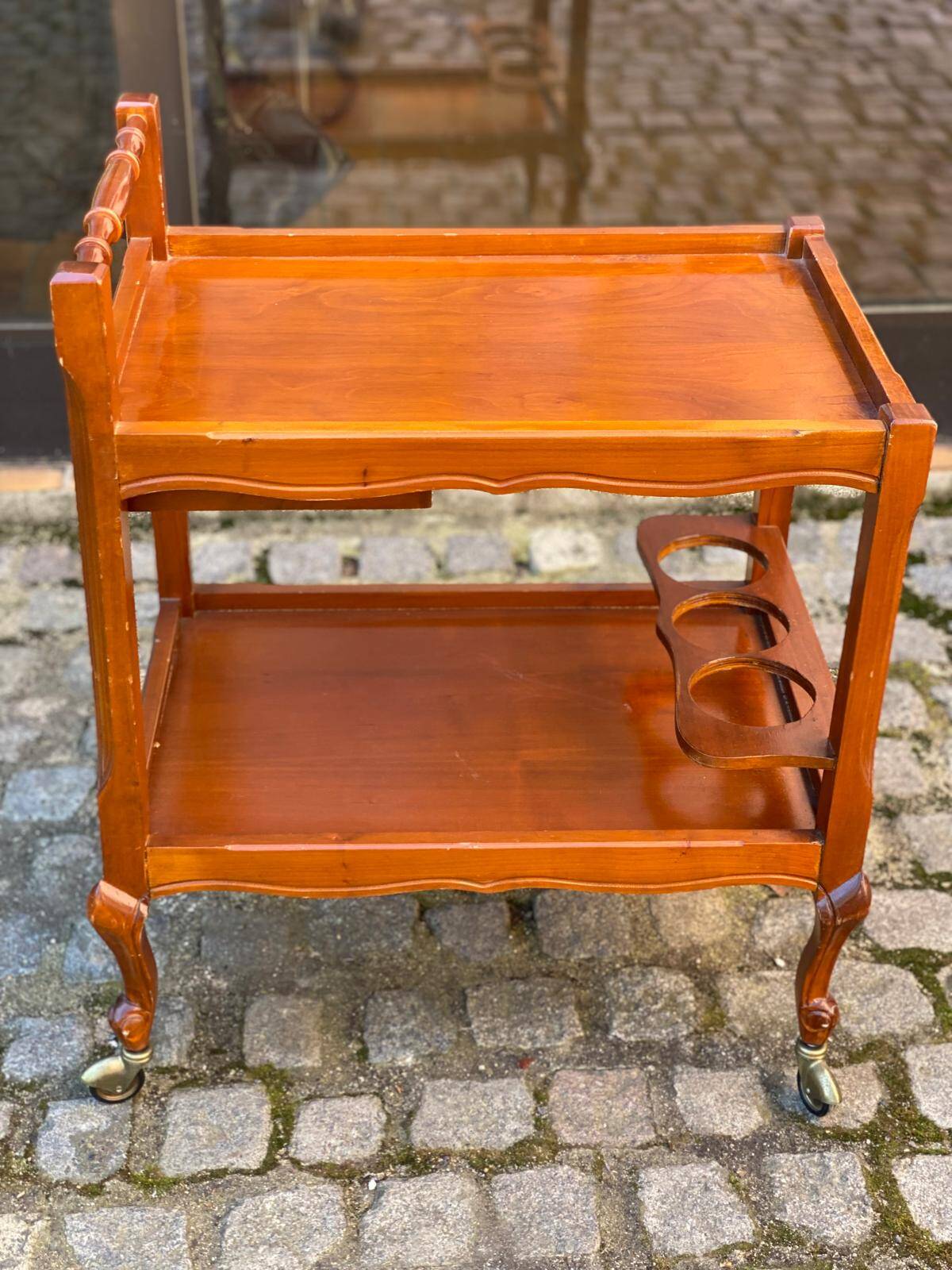 Louis XV solid wood serving trolley with bottle rack and drawer