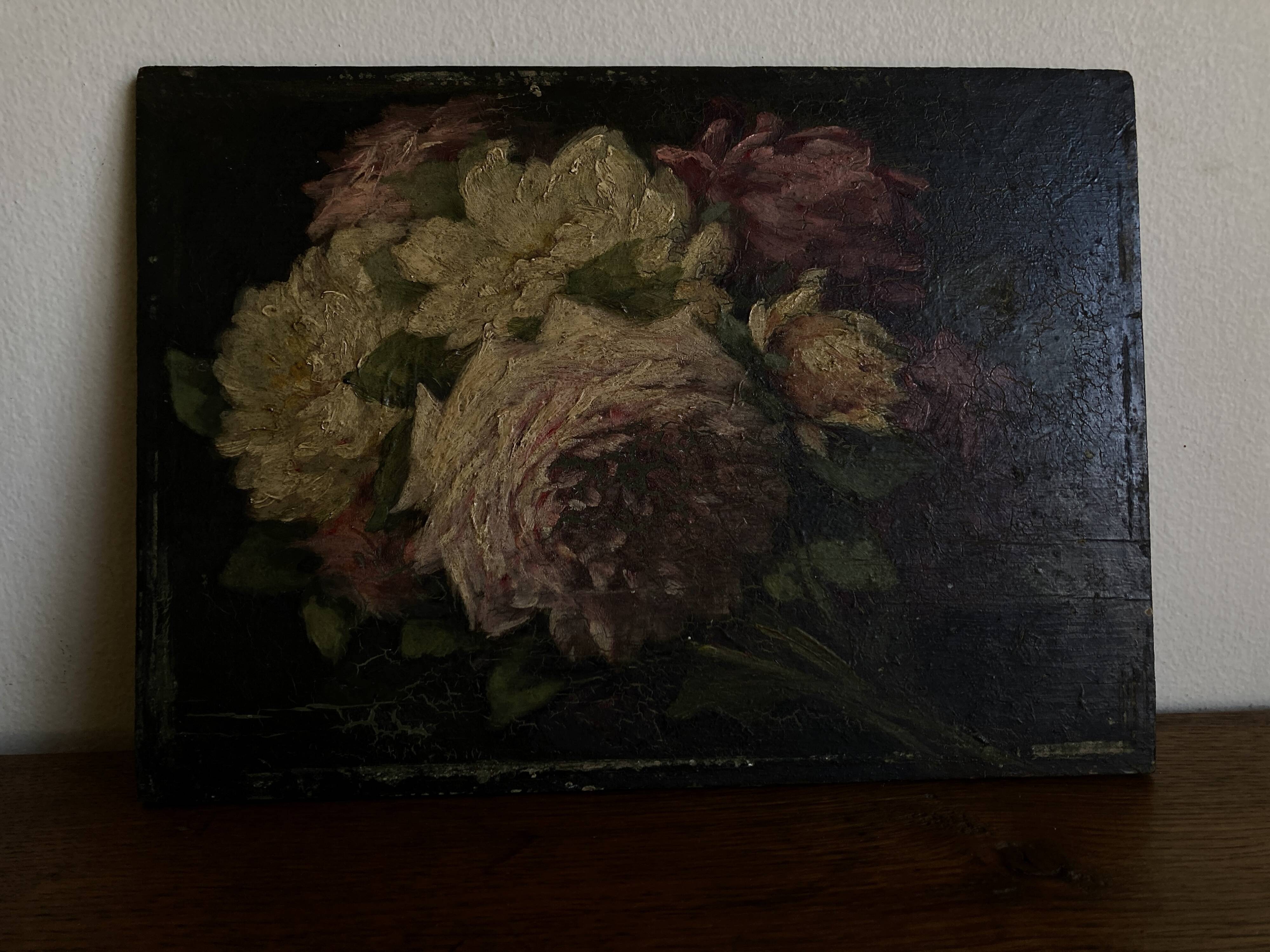 Painting of 19 roses from the garden, oil on wood.