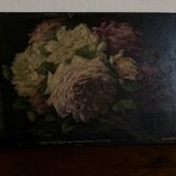 Painting of 19 roses from the garden, oil on wood.