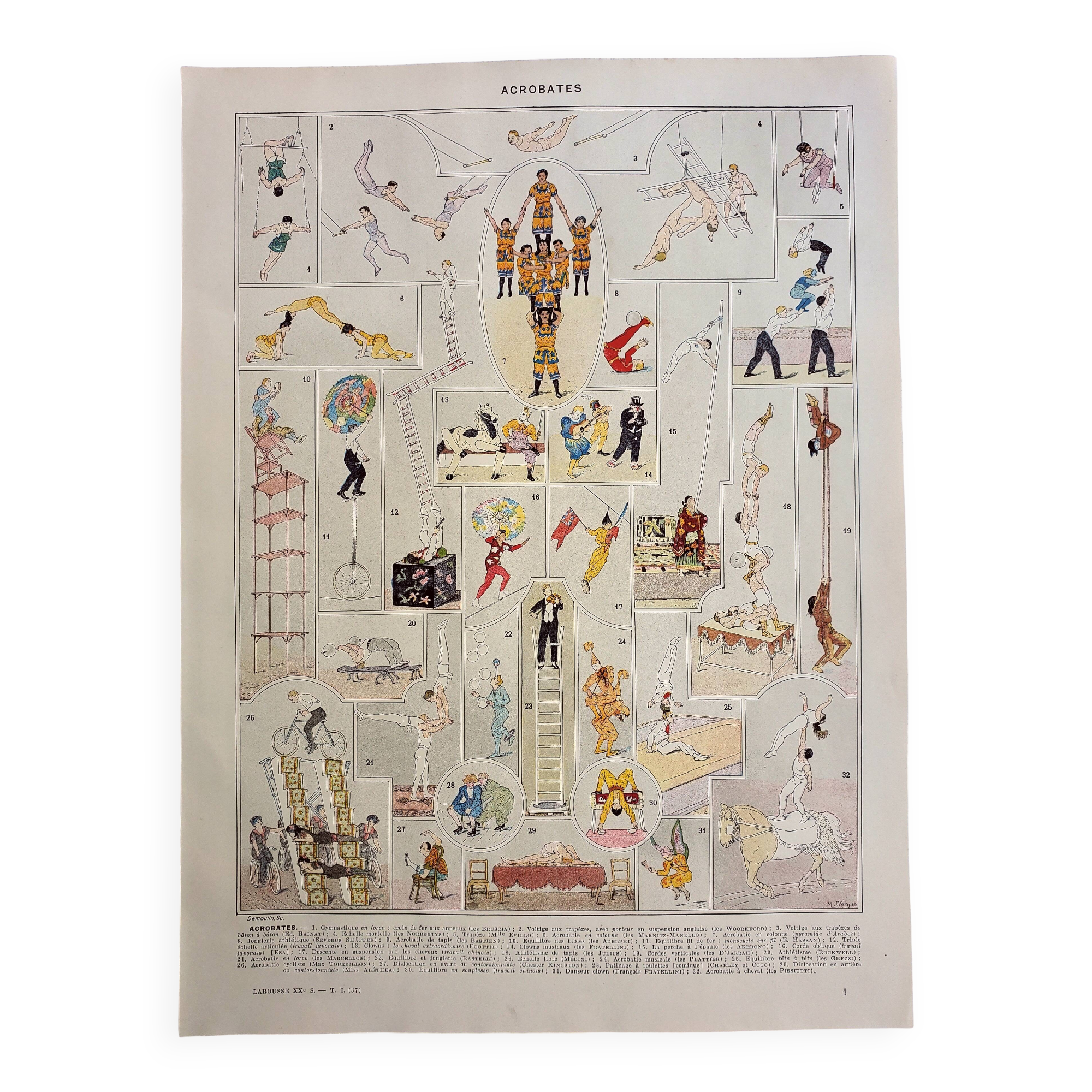 Old engraving 1928, Acrobats, Circus, show, balance • Lithograph, original illustration