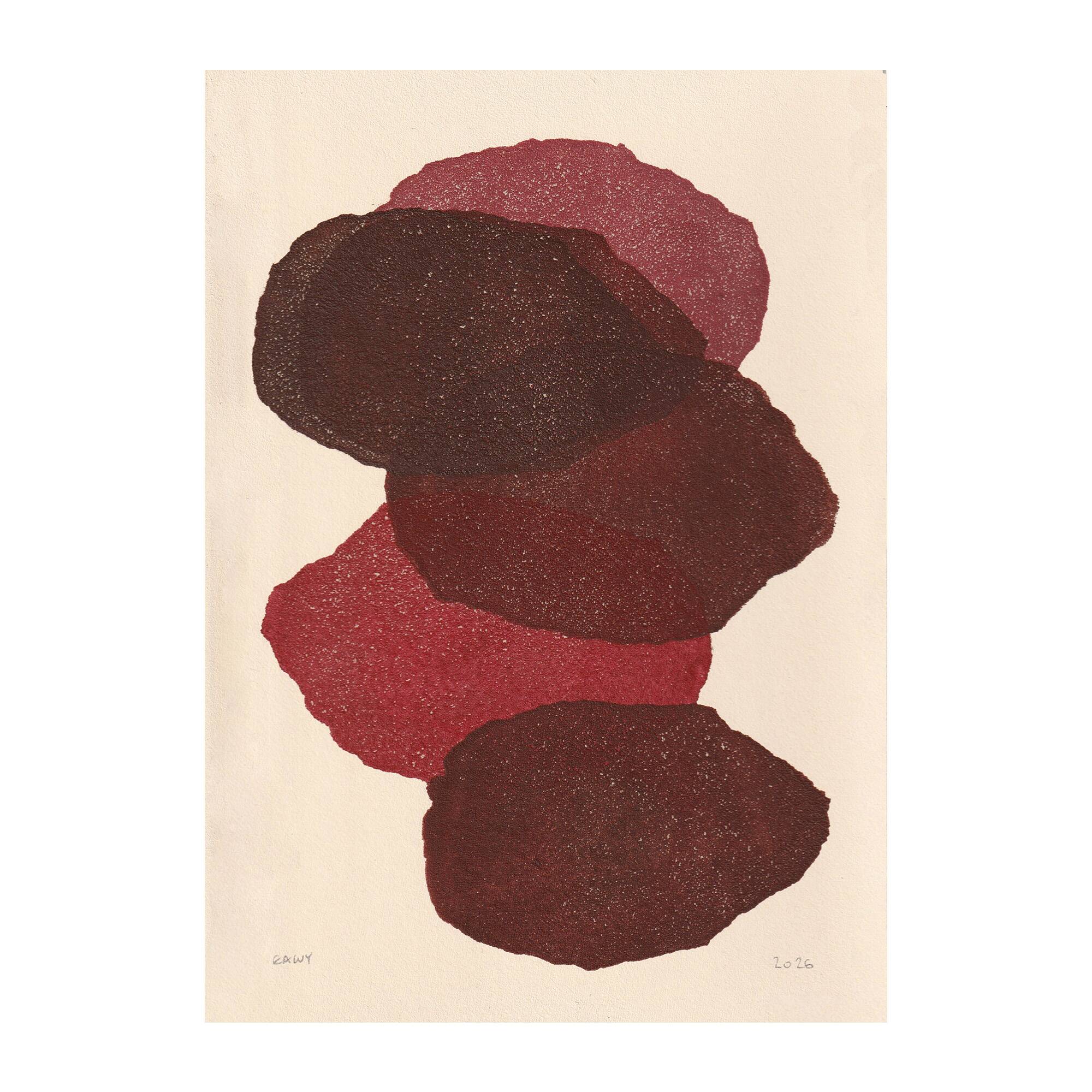 Collection of 4 abstract paintings in wine red signed Eawy.