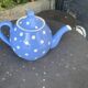Lavender blue earthenware tea service with white polka dots from Digoin Sarreguemines.
