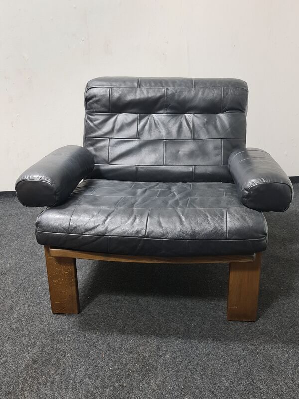 Fauteuil en cuir noir vintage en chêne