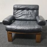 Fauteuil en cuir noir vintage en chêne
