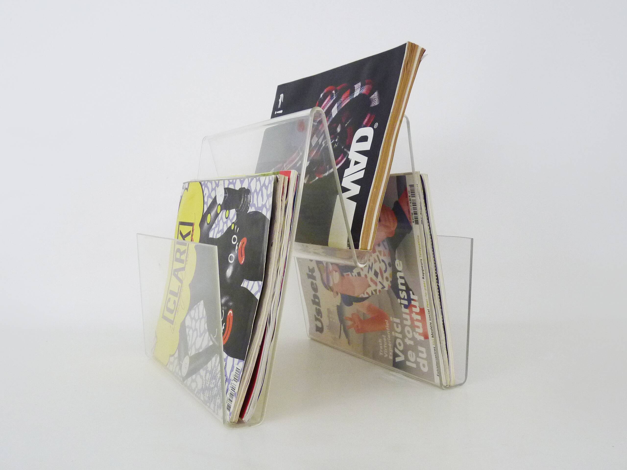 Vintage magazine rack, transparent plexiglass magazine rack