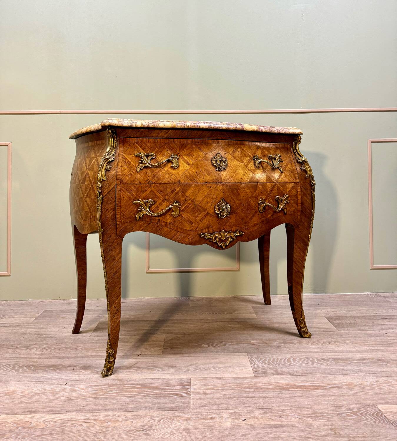 Curved sauteuse commode in stamped marquetry louis xv style xix eme century