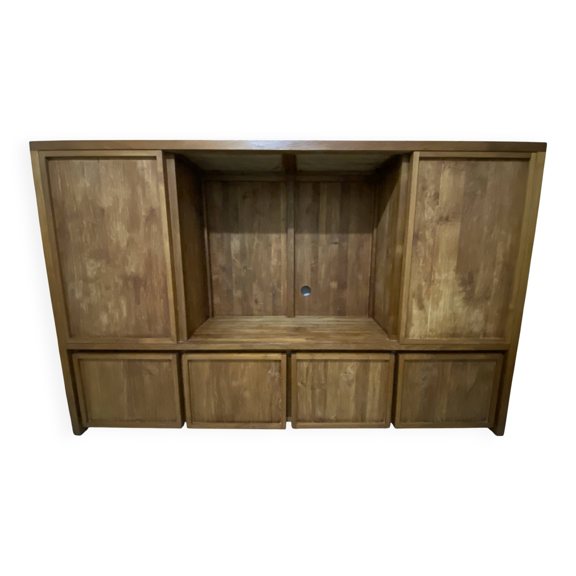 Tv unit with shelves and storage in solid teak