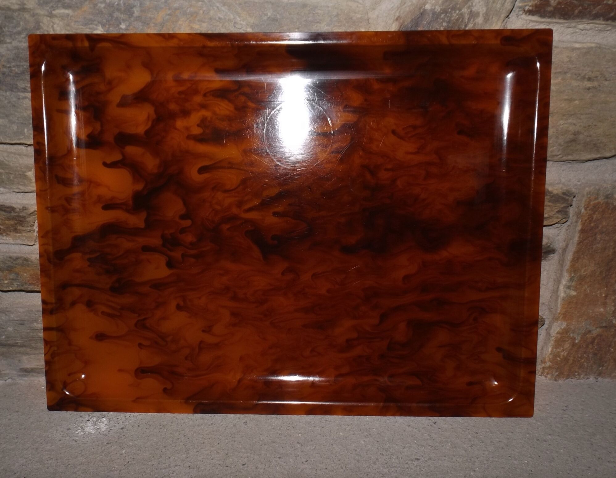 Rectangular tray in lucite décor fake tortoise-shell circa 1970