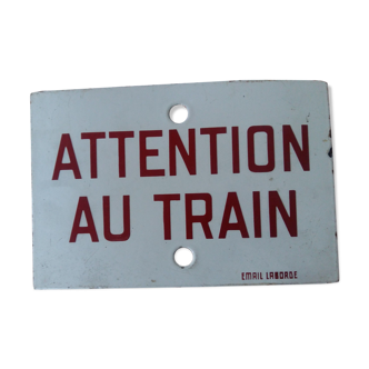 Old enamelled plate "Attention to the Train" 20x30cm