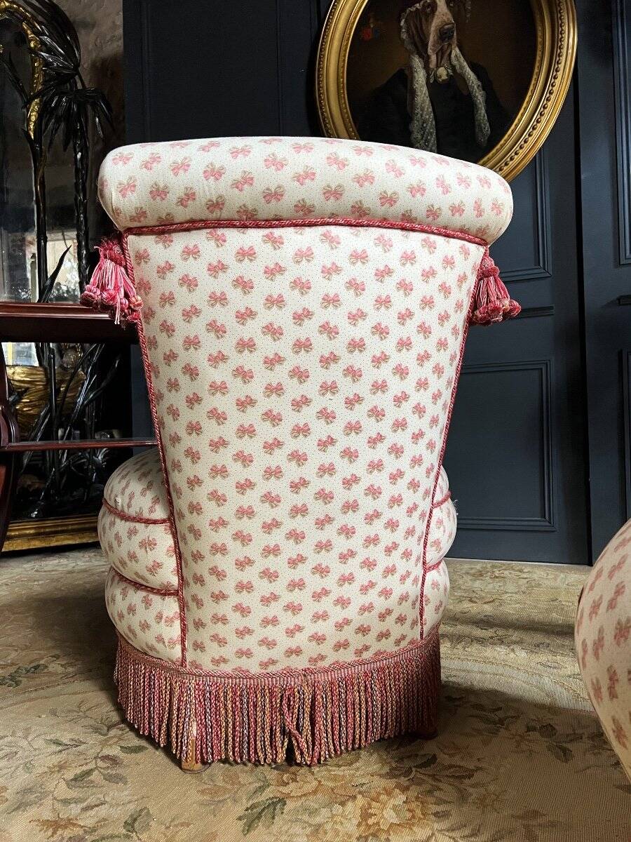 Napoleon III Style Armchair and Pouf with Pink Bow Decor