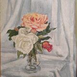 Peinture à l’huile vintage de fleurs signées Bramwell
