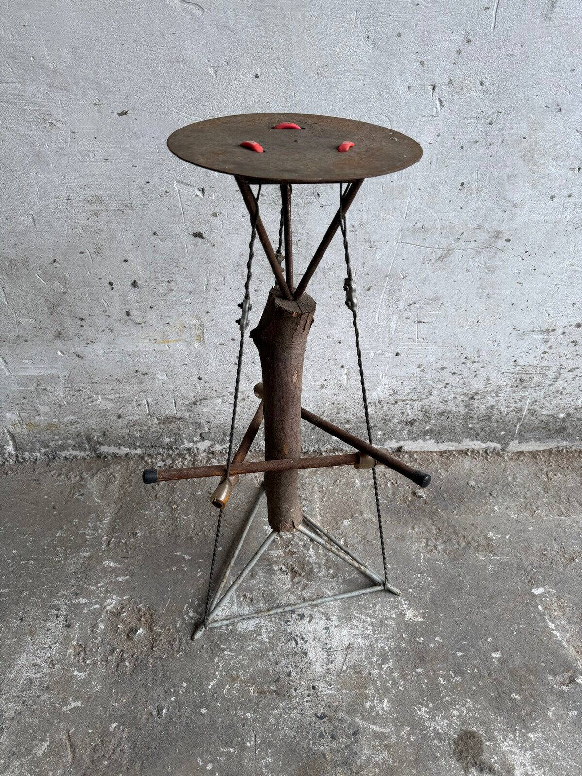 Rustic Brown Rusted Metal and Wood Dutch Design Sculptural Side Table, Industrial Accent