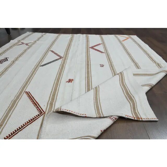 White Brown Antique Handmade Wool Kilim Rug 190x251