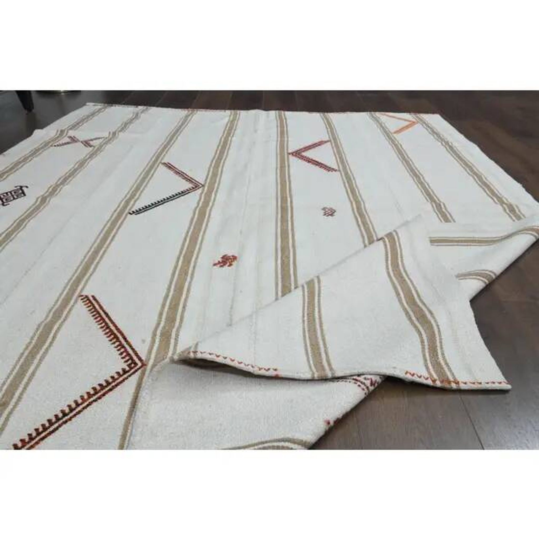 White Brown Antique Handmade Wool Kilim Rug 190x251