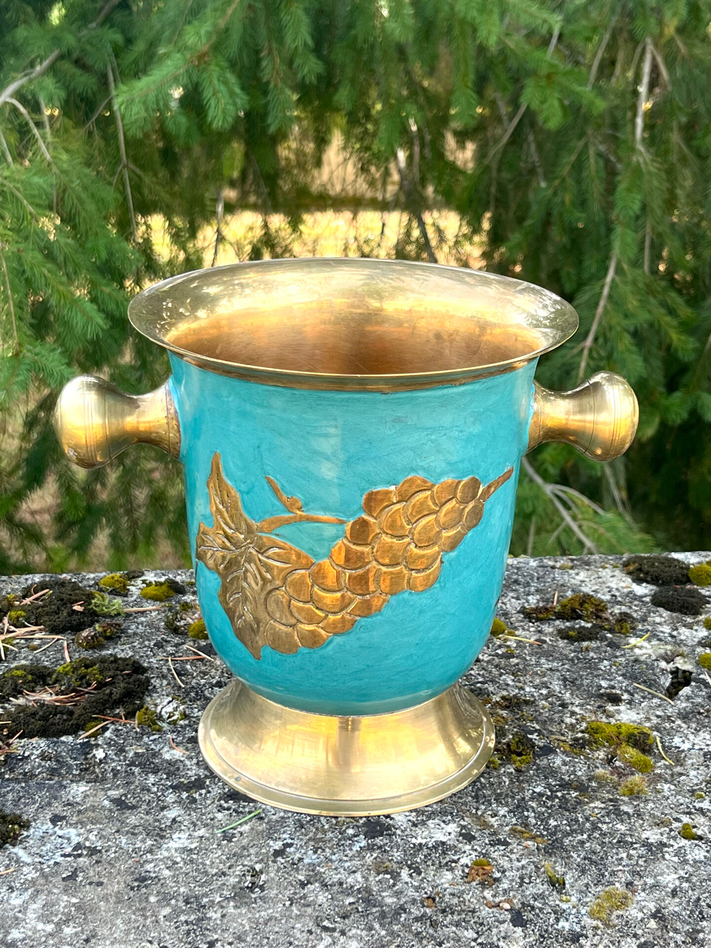 Vintage cloisonne brass champagne bucket with turquoise grape design