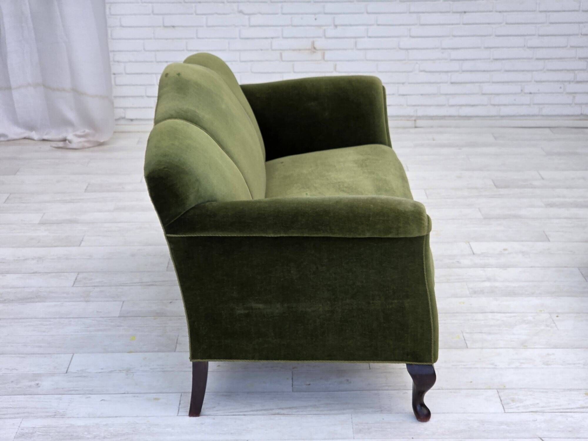 1950s, Danish 2-seater sofa, green furniture velour, ash wood legs.