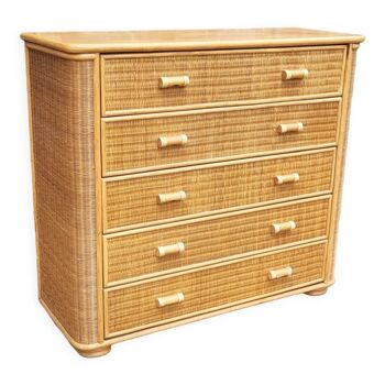 Rattan bamboo chest of drawers, vintage, 60s